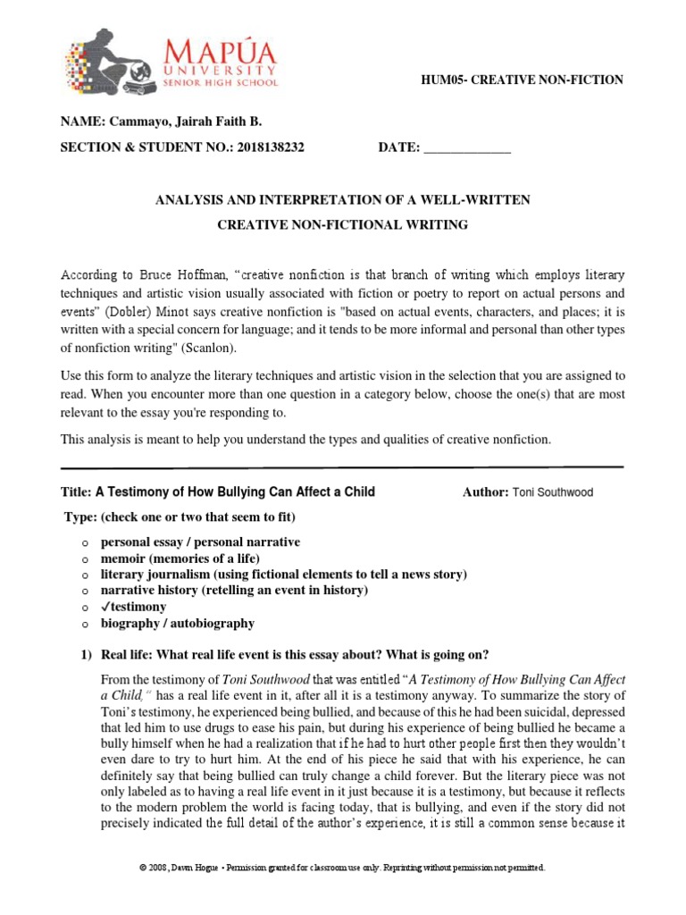 Hum05 Creative Non Fiction Literary Analysis PDF PDF Creative