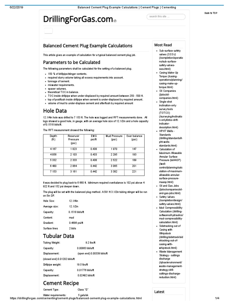 Balanced Cement Plug Example Calculations Cement Plugs Cementing Download Free PDF