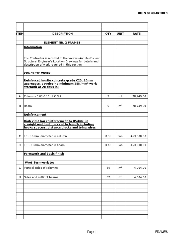Concrete Frames Bill of Quantities | PDF