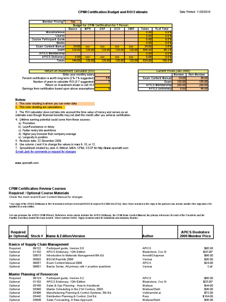 Budget and ROI Estimate for CPIM Certification | PDF | Return On