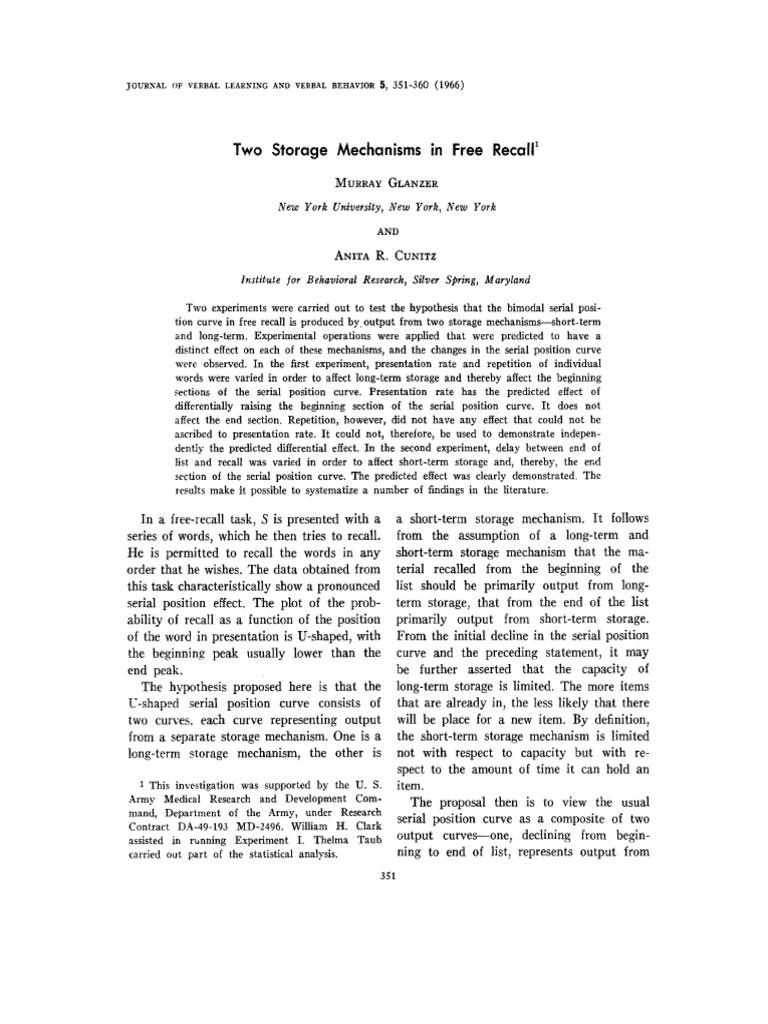 Glanzer and Cunitz (1966) Study Full Text PDF | PDF