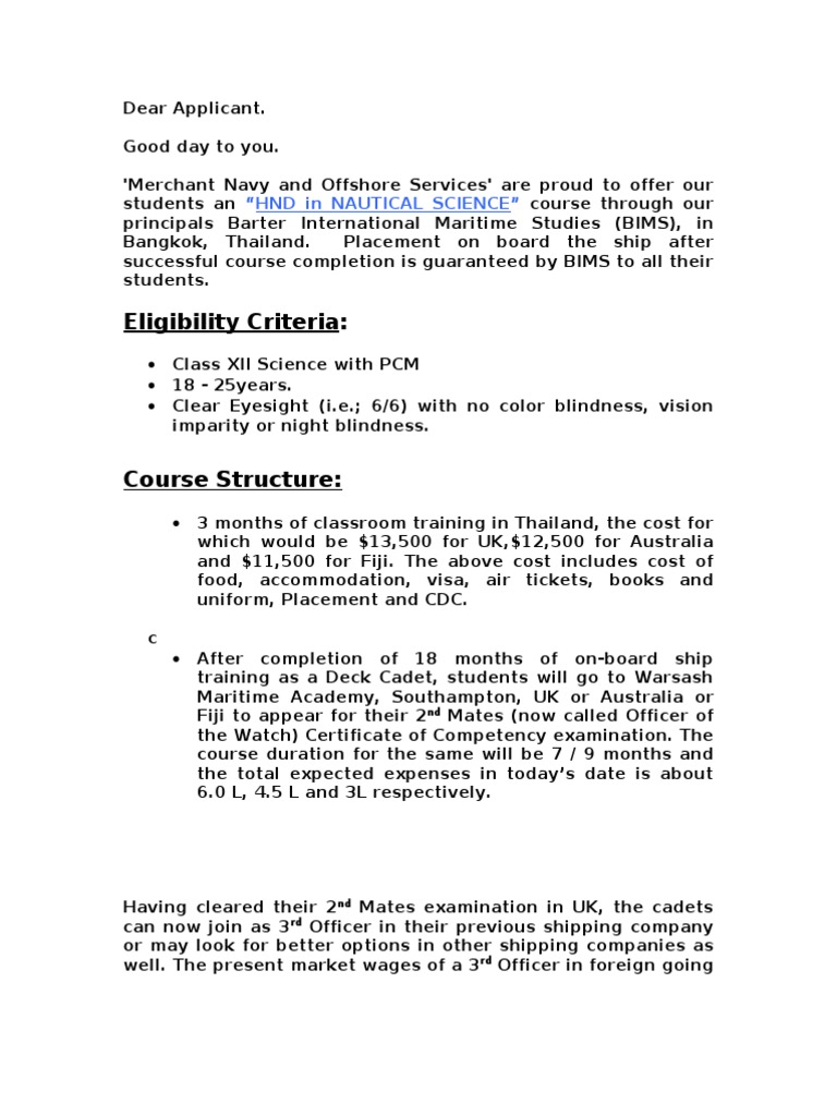 Eligibility Criteria "HND in Nautical Science" PDF Travel Visa