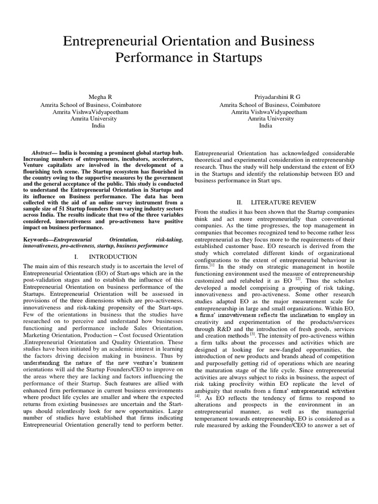 Entrepreneurial Orientation and Business Performance in Startups | PDF ...