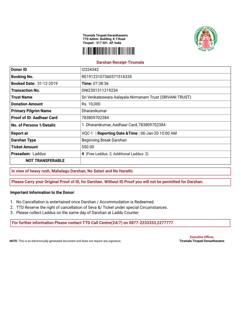 Ttd Darshan Receipt
