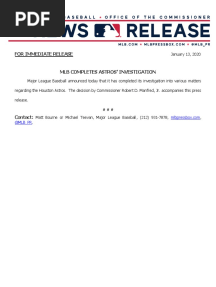 MLB Issues Report Re Astros' Investigation - 011320