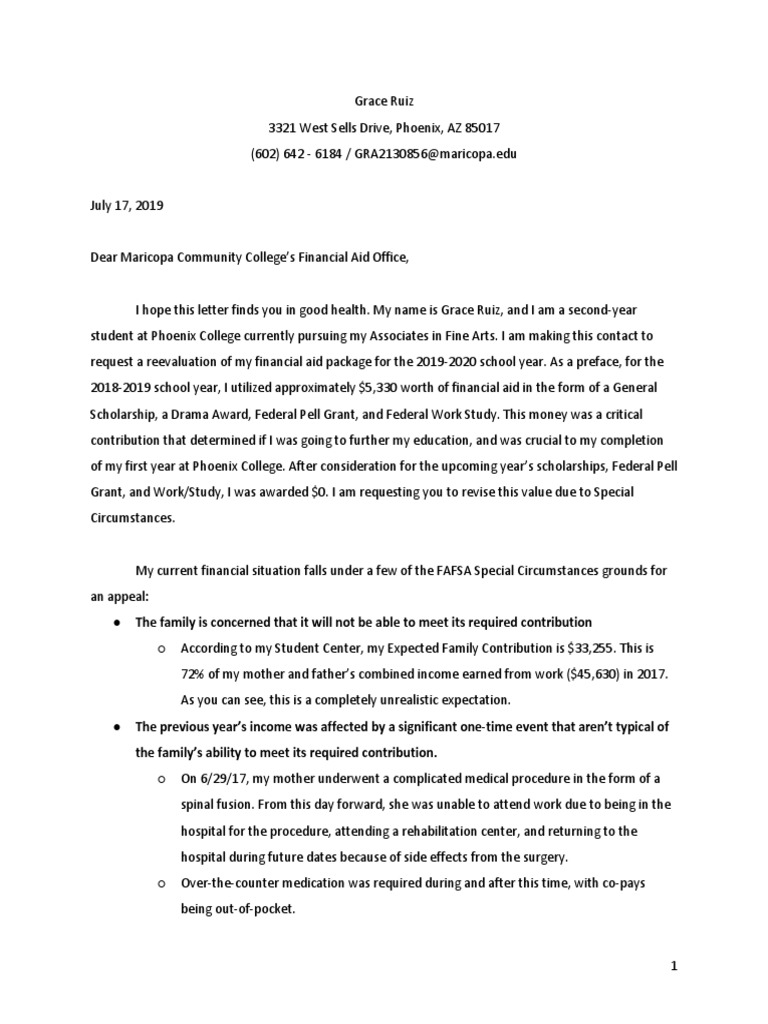 Financial Aid Appeal Letter | PDF | Family And Medical Leave Act 