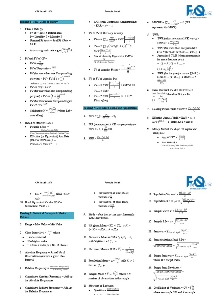 Sample Level I Formula Sheet 1 | PDF | Standard Error | Standard Deviation