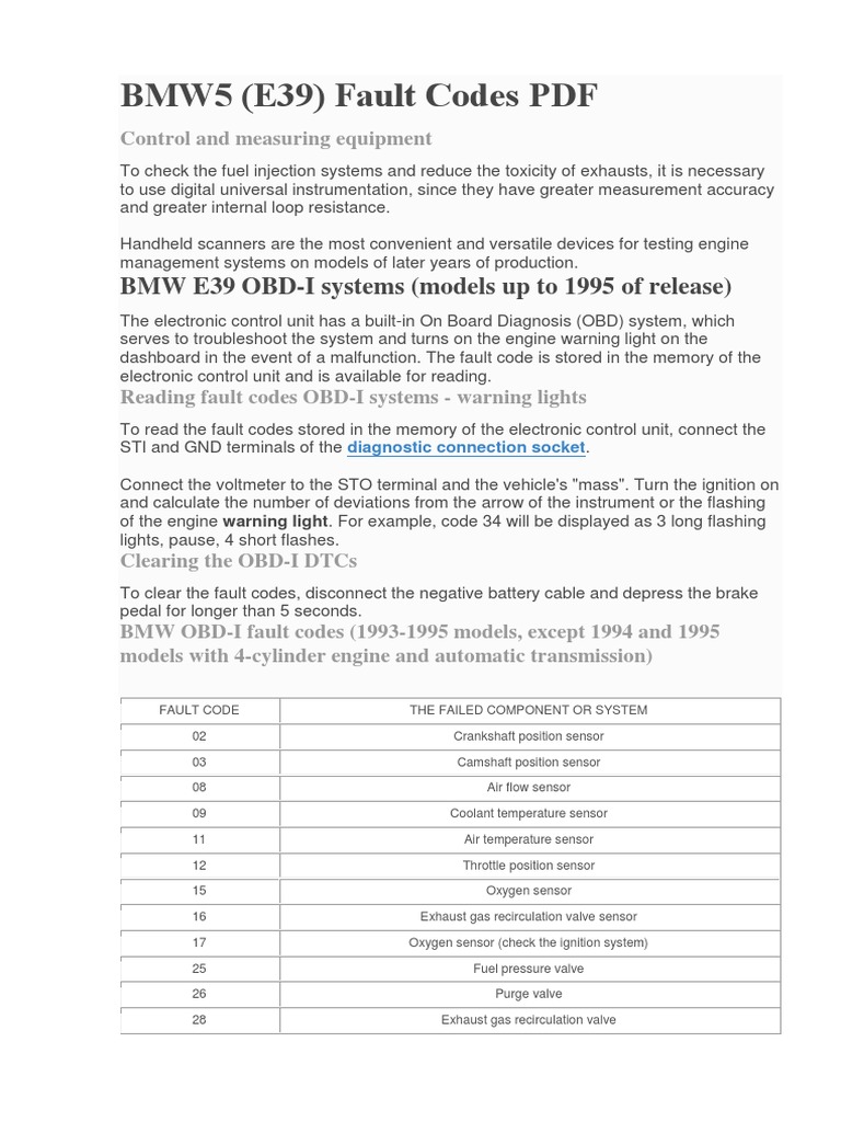 BMW E39 Fault Codes Overview | PDF | Throttle | Vehicle Parts