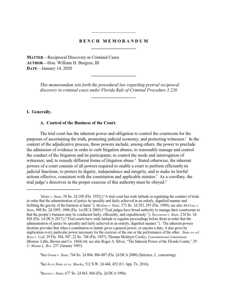 Bench Memorandum Reciprocal Discovery In Criminal Cases Bench Memorandum Reciprocal Discovery In Criminal Cases