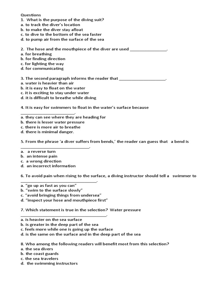 Diving Suit and Underwater Safety Quiz | PDF | Foreign Language Studies ...