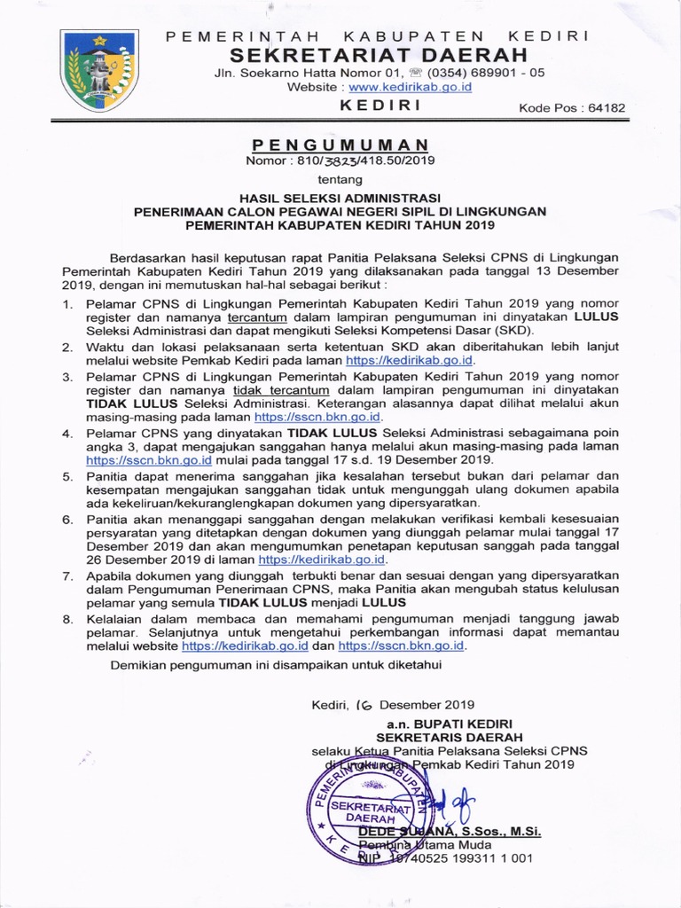Pengumuman Hasil Seleksi Administrasi Cpns Kominfo