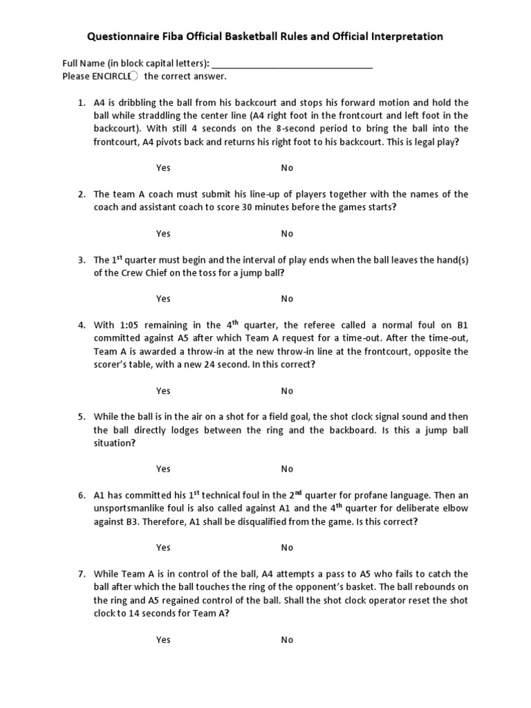Questionnaire Fiba Official Basketball Rules and Official