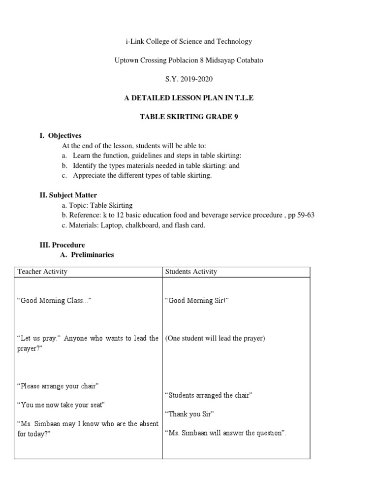 lesson plan table skirting Lesson Plan Behavior Modification