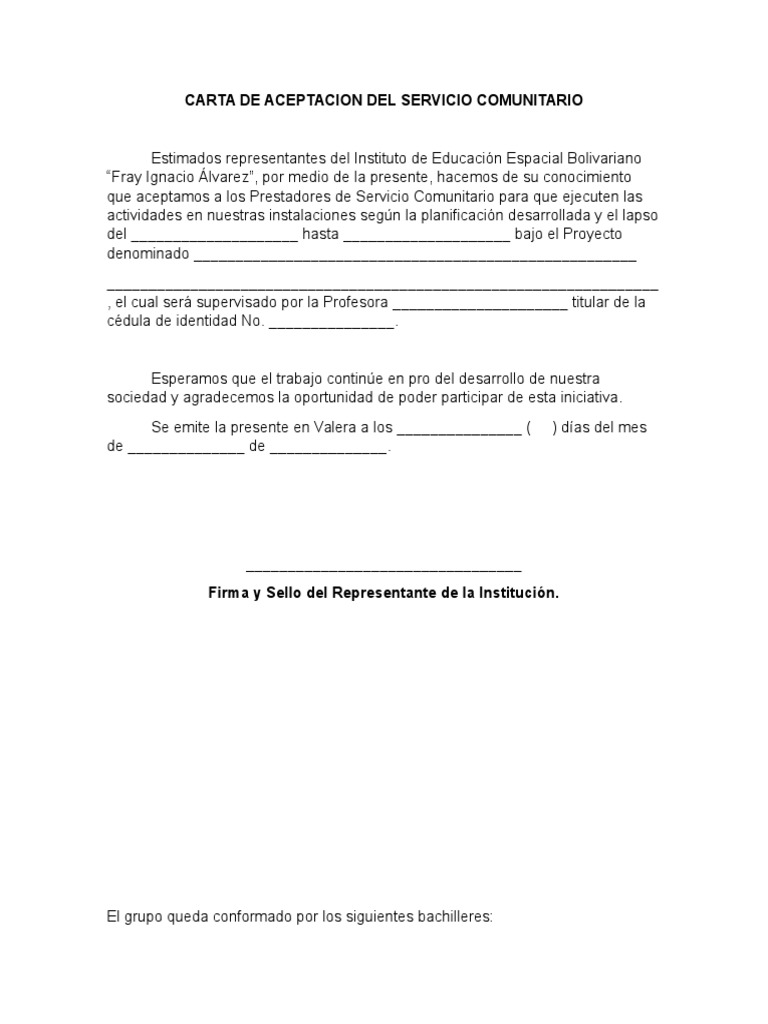 Carta de Aceptacion Servicio Comunitario Personas