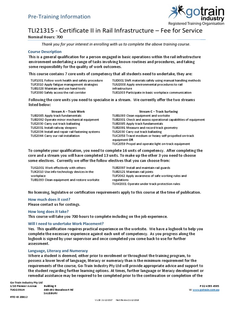 Certificate II in Rail Infrastructure Guide | PDF | Track (Rail ...