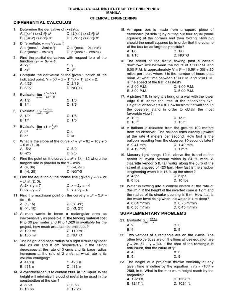 Differential Calculus Practice Problems | PDF | Area | Derivative