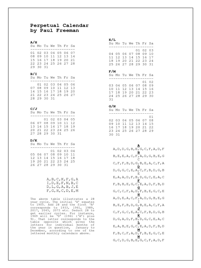 Perpetual Calendar by Paul Freeman PDF Teaching Mathematics