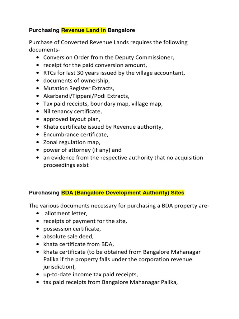 Documents Before Purchasing Revenue Land In Bangalore Pdf Deed