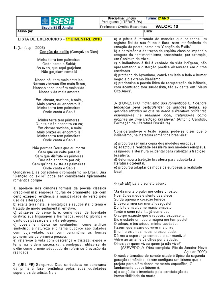 Atividades sobre Romantismo no Ensino Médio | PDF | Romantismo | Amor