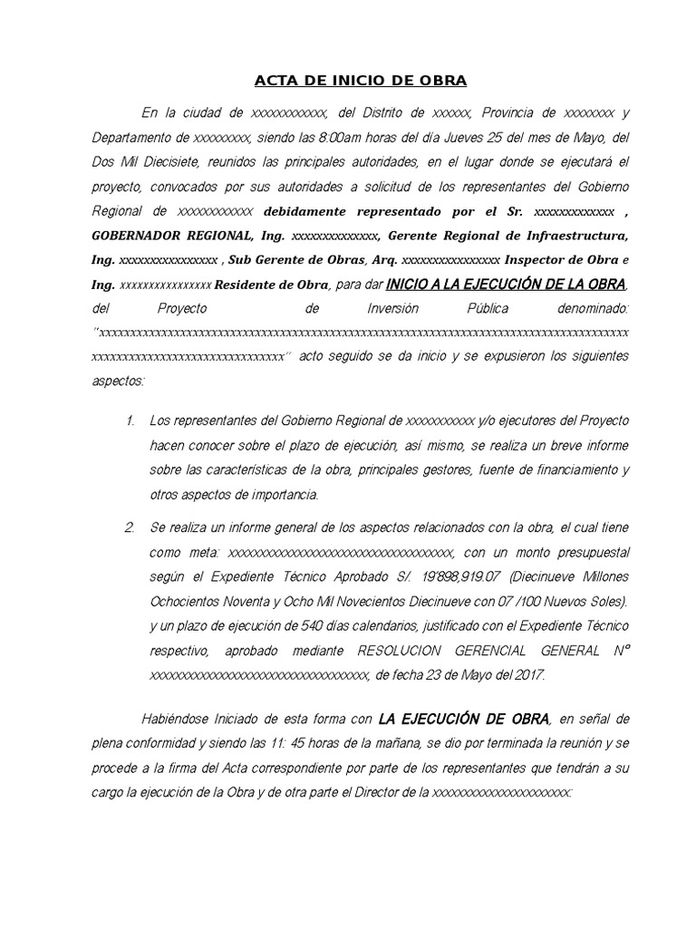 Acta de Inicio de Obra | PDF | Gobierno