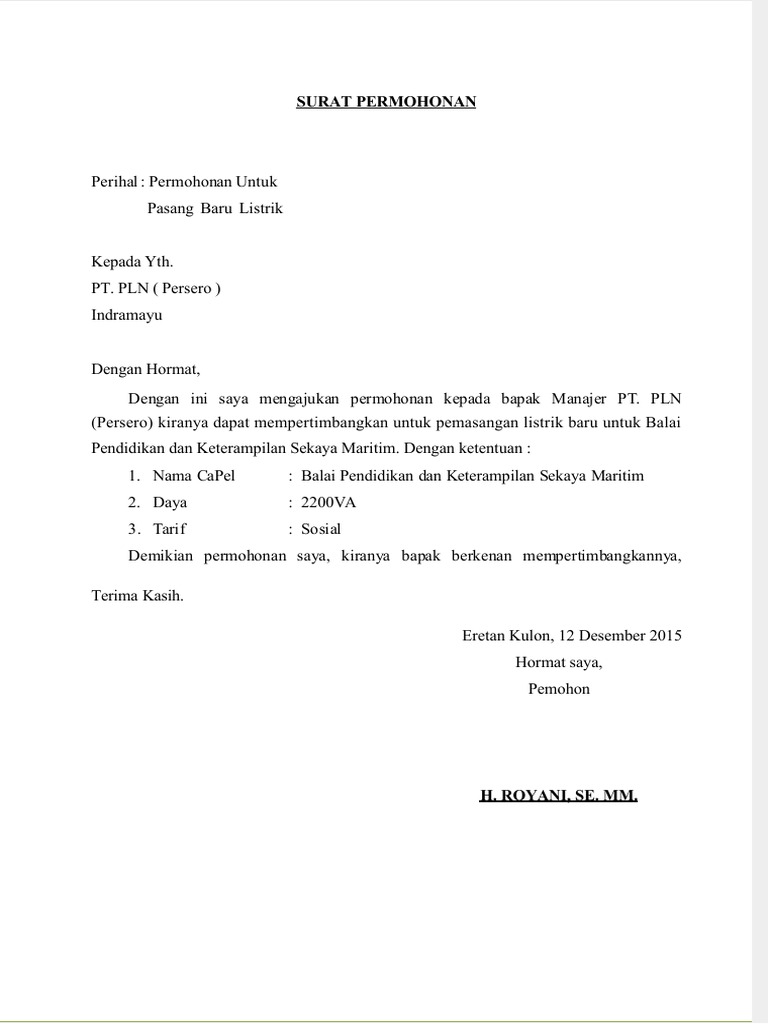 Contoh Surat Permohonan Pemasangan Listrik Pdf