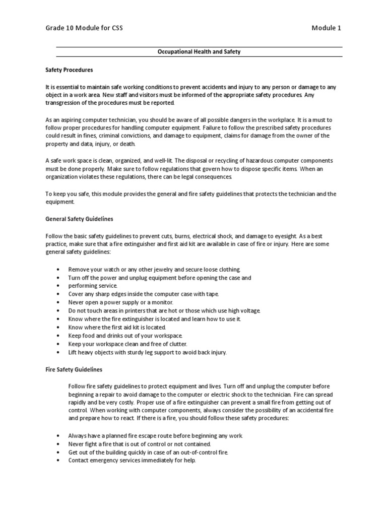 Grade 10 Occupational Safety Procedures | PDF | Safety | Fire Safety