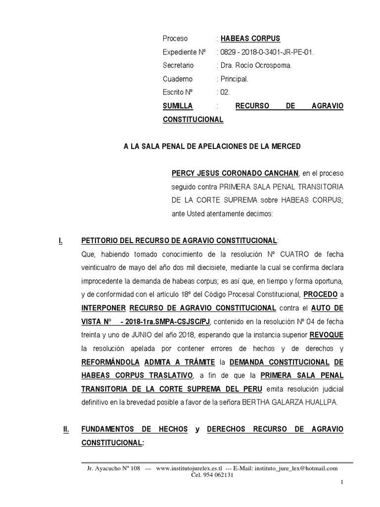 Recurso de Agravio Constitucional 5 - Habeas Corpus PREVENTIVO. - PERCY  JESUS CORONADO CANCHAN | PDF | Habeas corpus | Castigos