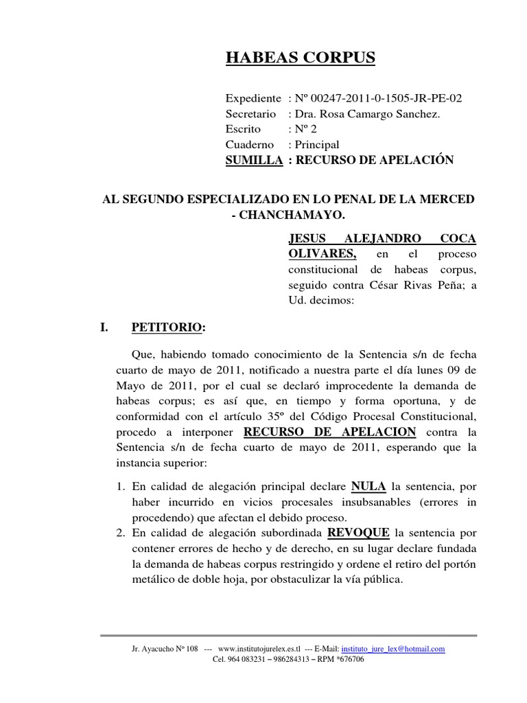 Recurso de Apelacion de Sentencia - Habeas Corpus 3 | PDF | Habeas ...
