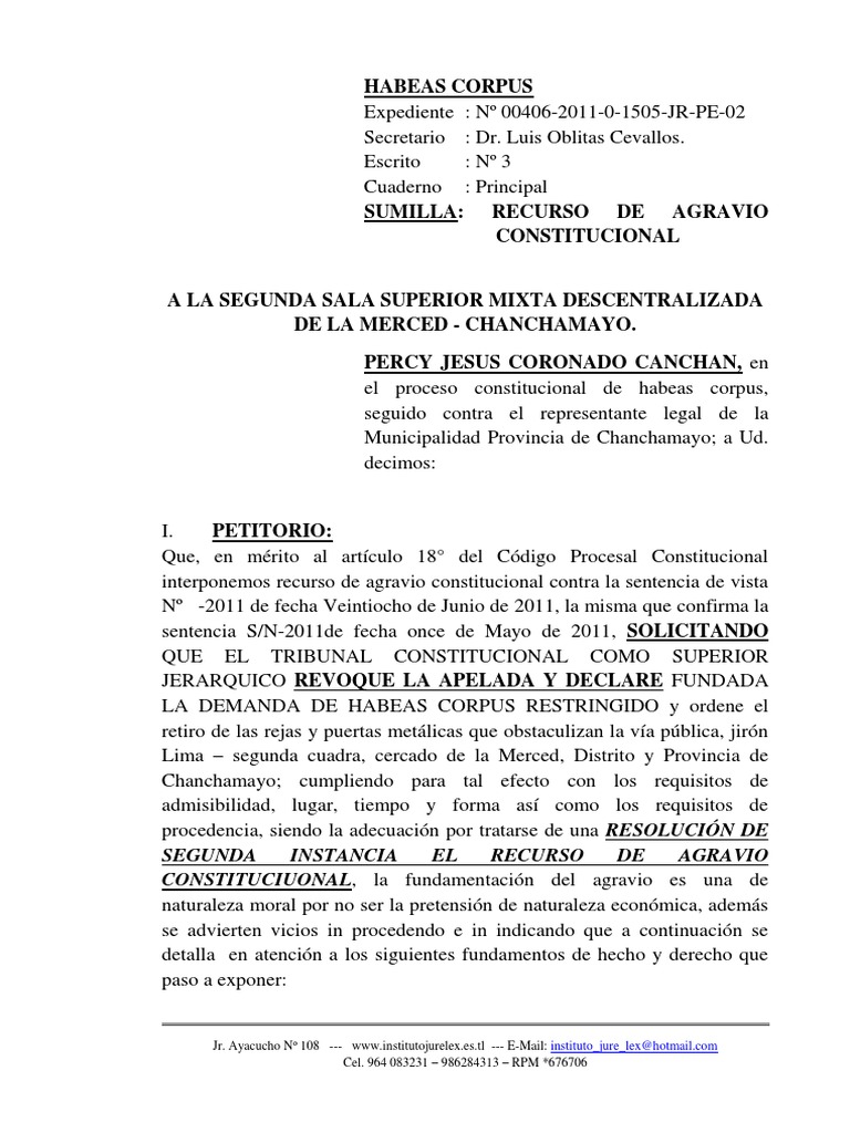 Recurso de Agravio Constitucional 4 - Habeas Corpus Restringido - Muni ...