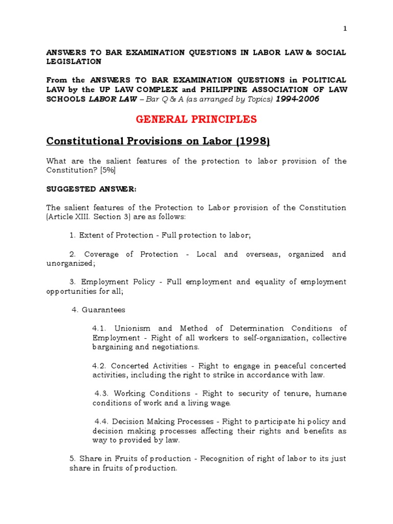 Labor Law Bar Exam Q&A Guide | PDF | Employment | Legal Education