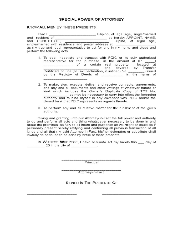special power of attorney to sign deed of sale