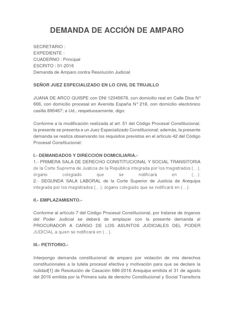 Modelo de Demanda de Acción de Amparo | PDF | Demanda judicial | Sentencia  (ley)
