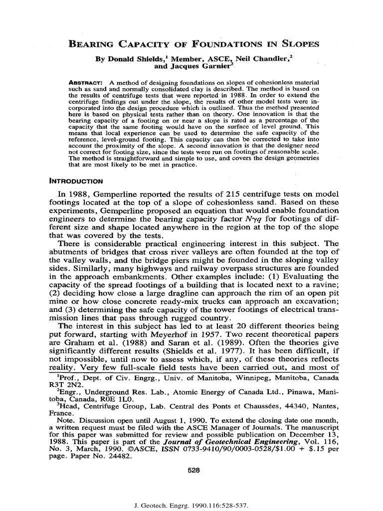 1990 - Bearing Capacity of Foundations in Slopes - SCRIB | PDF | Slope ...