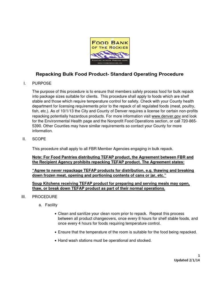 Food Repacking SOP PDF Food Safety Foods