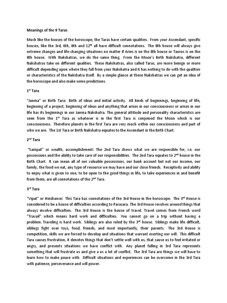 Meanings of The 9 Taras PDF Horoscope Psychological Concepts