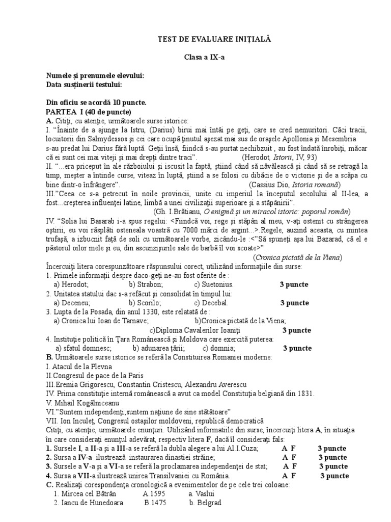 0 Test Evaluare Initiala Clasa Ix | PDF
