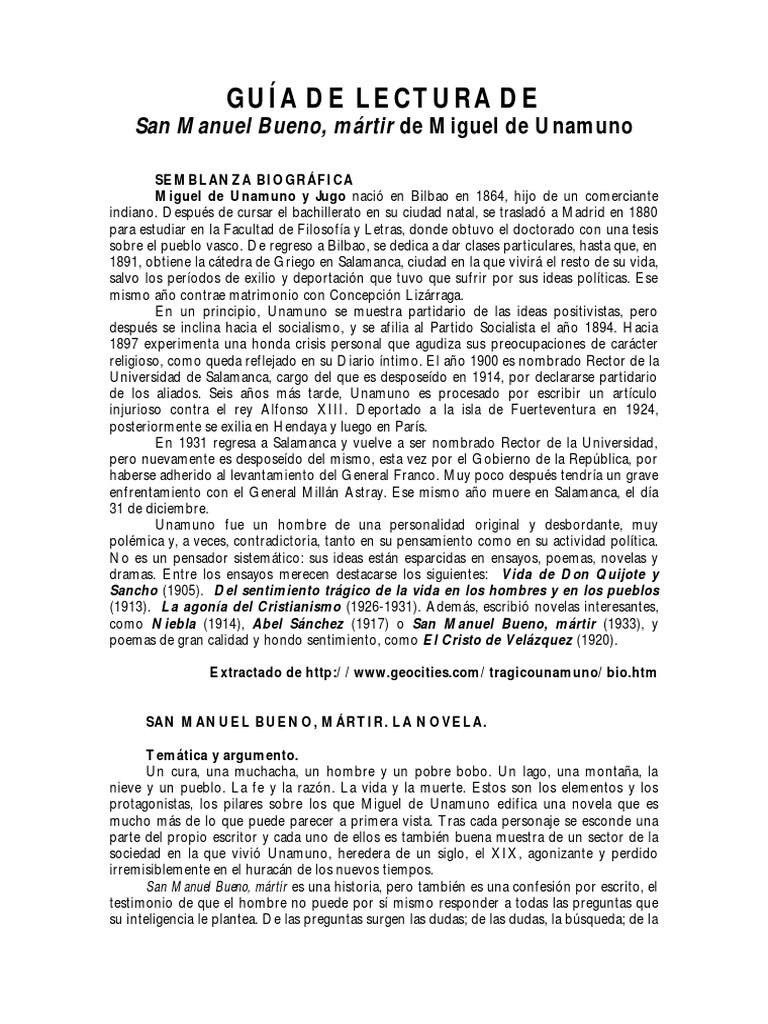 GUÍA DE LECTURA DE San Manuel Bueno, Mártir PDF Narrativa