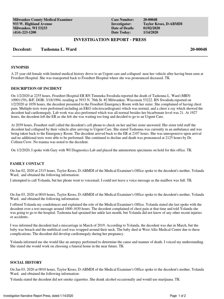 Milwaukee County Medical Examiner's Investigation Narrative Report