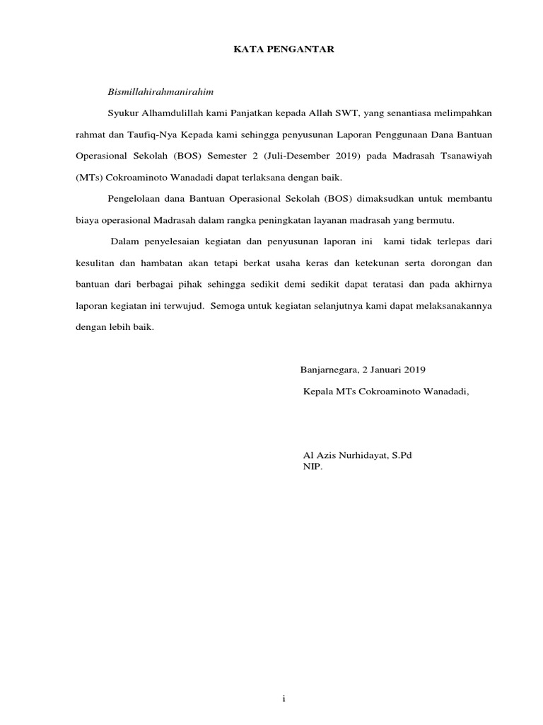 Kata Pengantar Lpj Bos Tahap 2 2019