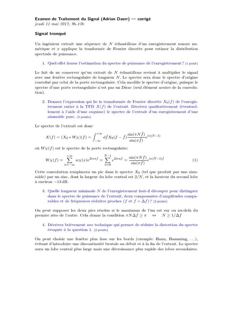 Examen corrigé de traitement du signal | PDF | Filtre (électronique ...