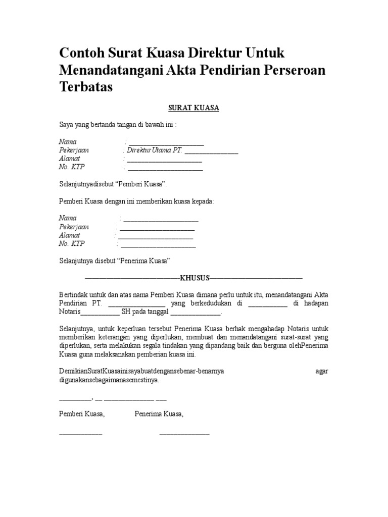 Contoh Surat Kuasa Direktur Untuk Menandatangani Akta Pendirian Perseroan Terbatas