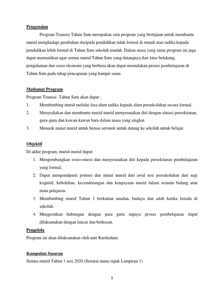 Kertas Kerja Transisi Tahun 1 2020 | PDF