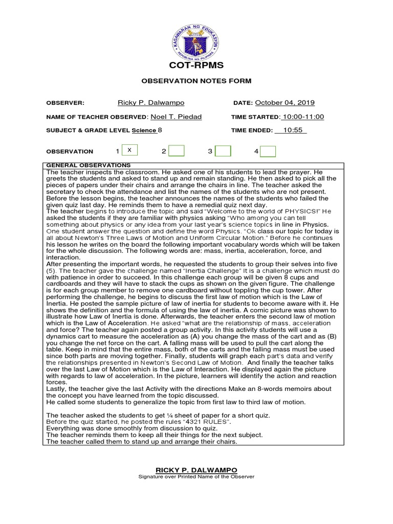 COT-RPMS Observation Notes Sample | PDF | Curriculum | Educational ...
