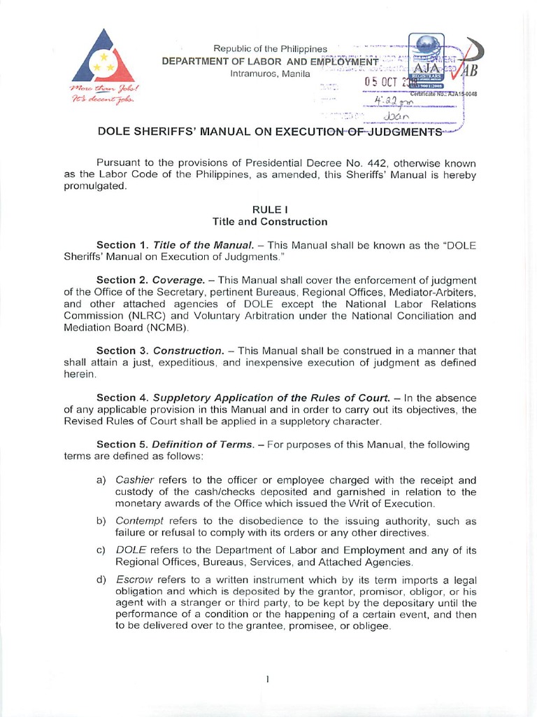 DOLE Sheriffs Manual On Execution of Judgments PDF | PDF