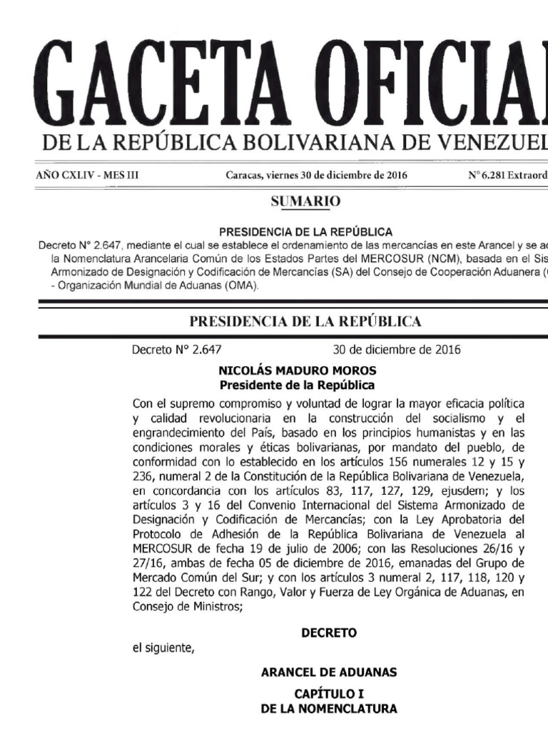 Arancel de Aduanas Venezuela Vigente Al Año 2020 Texto Decreto | PDF