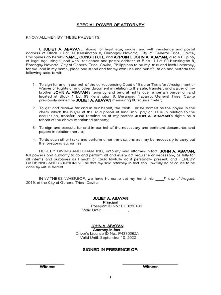 SPECIAL POWER OF ATTORNEY-transfer PROCESS OF TITLE (ABAYAN) | PDF ...