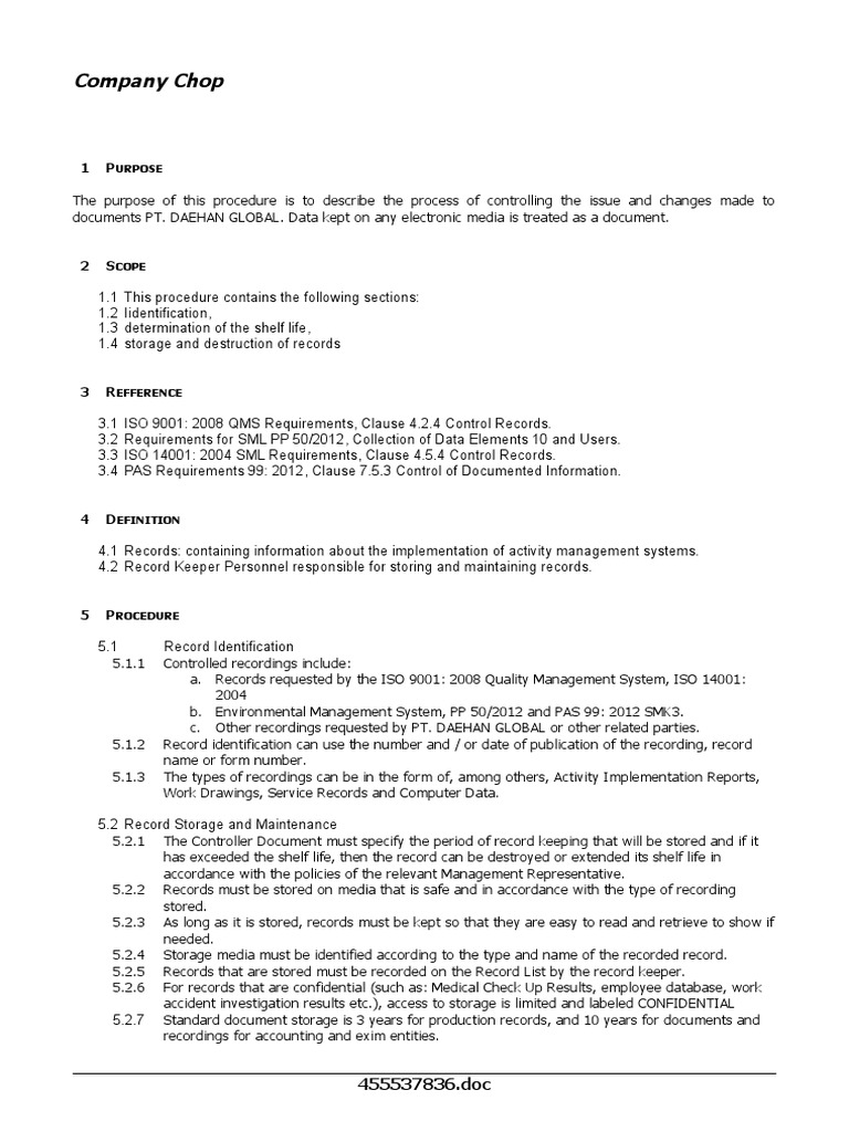 Document Control Procedure PDF Records Management Information Science