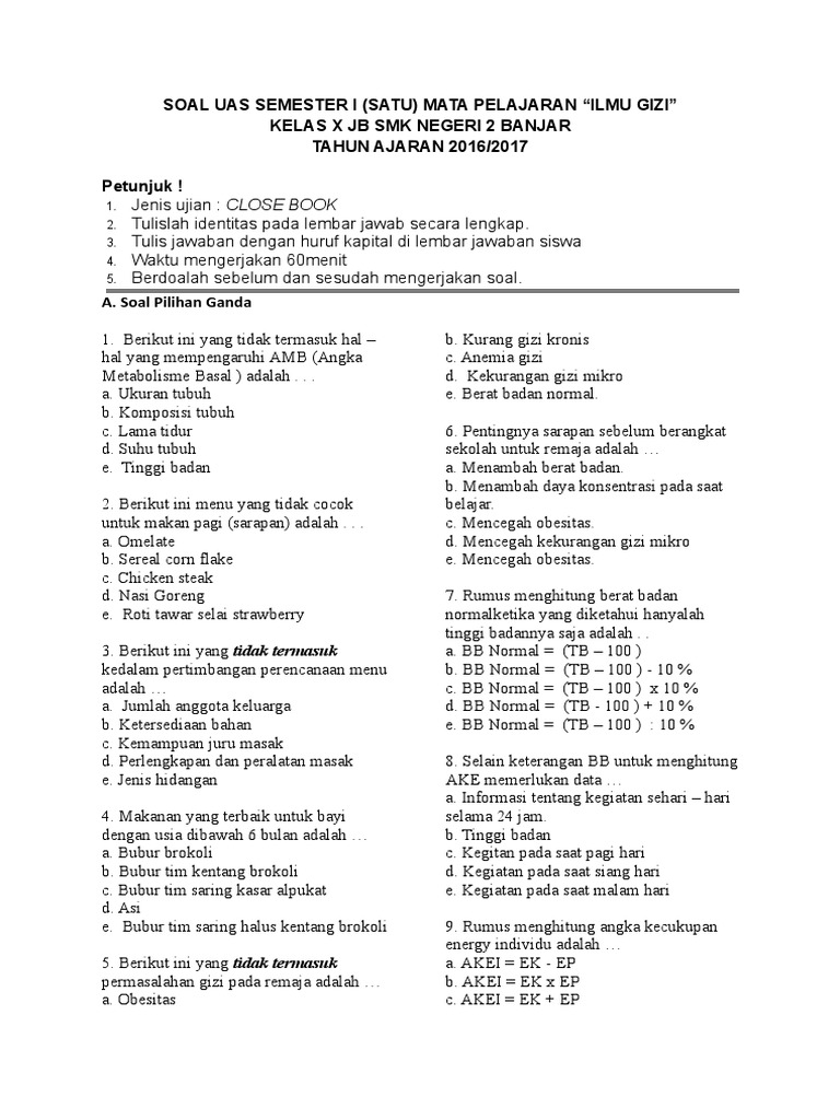 Soal Ukk Ilmu Gizi Semester 2
