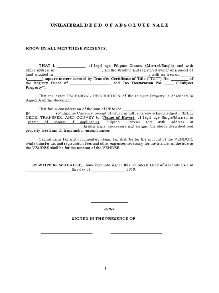 Unilateral Deed of Absolute Sale Template | PDF | Deed | Notary Public