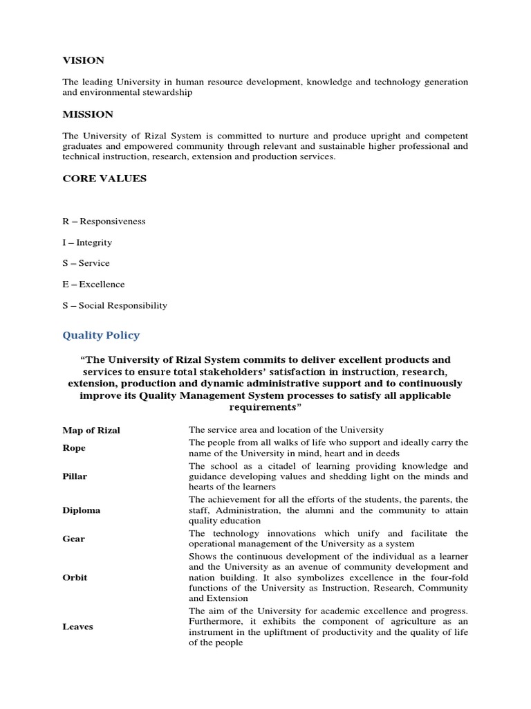 URS Vision, Mission, and Core Values | PDF